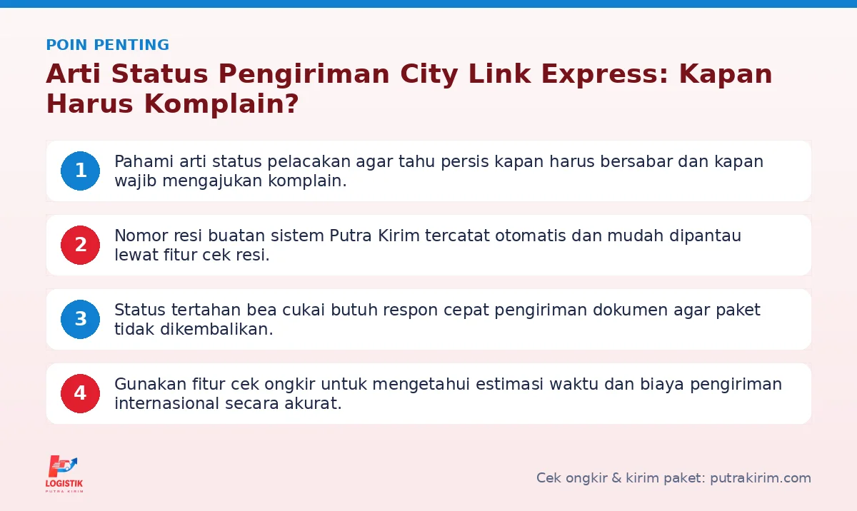 Infografis poin penting Arti status pengiriman City Link Express - Putra Kirim