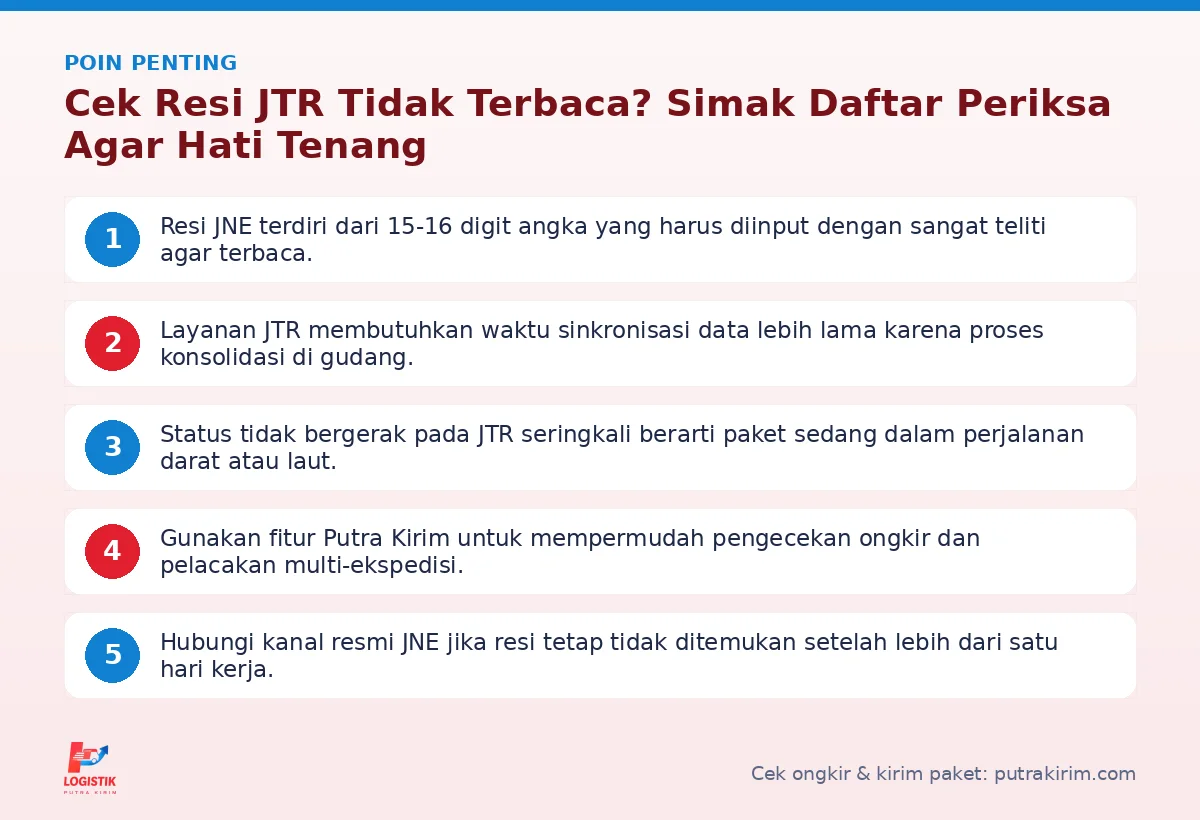 Infografis poin penting Cek resi JTR - Putra Kirim