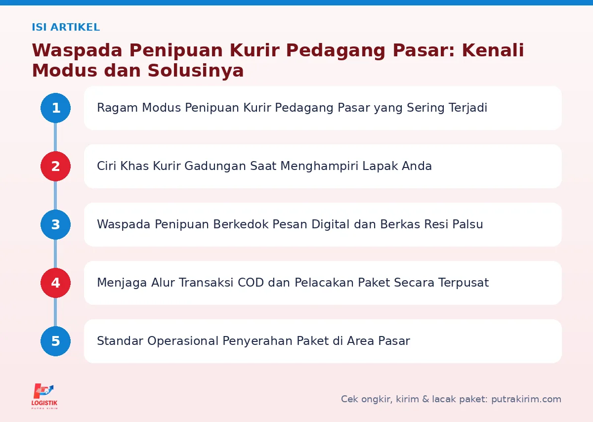 Peta isi artikel Penipuan kurir pedagang pasar - Putra Kirim